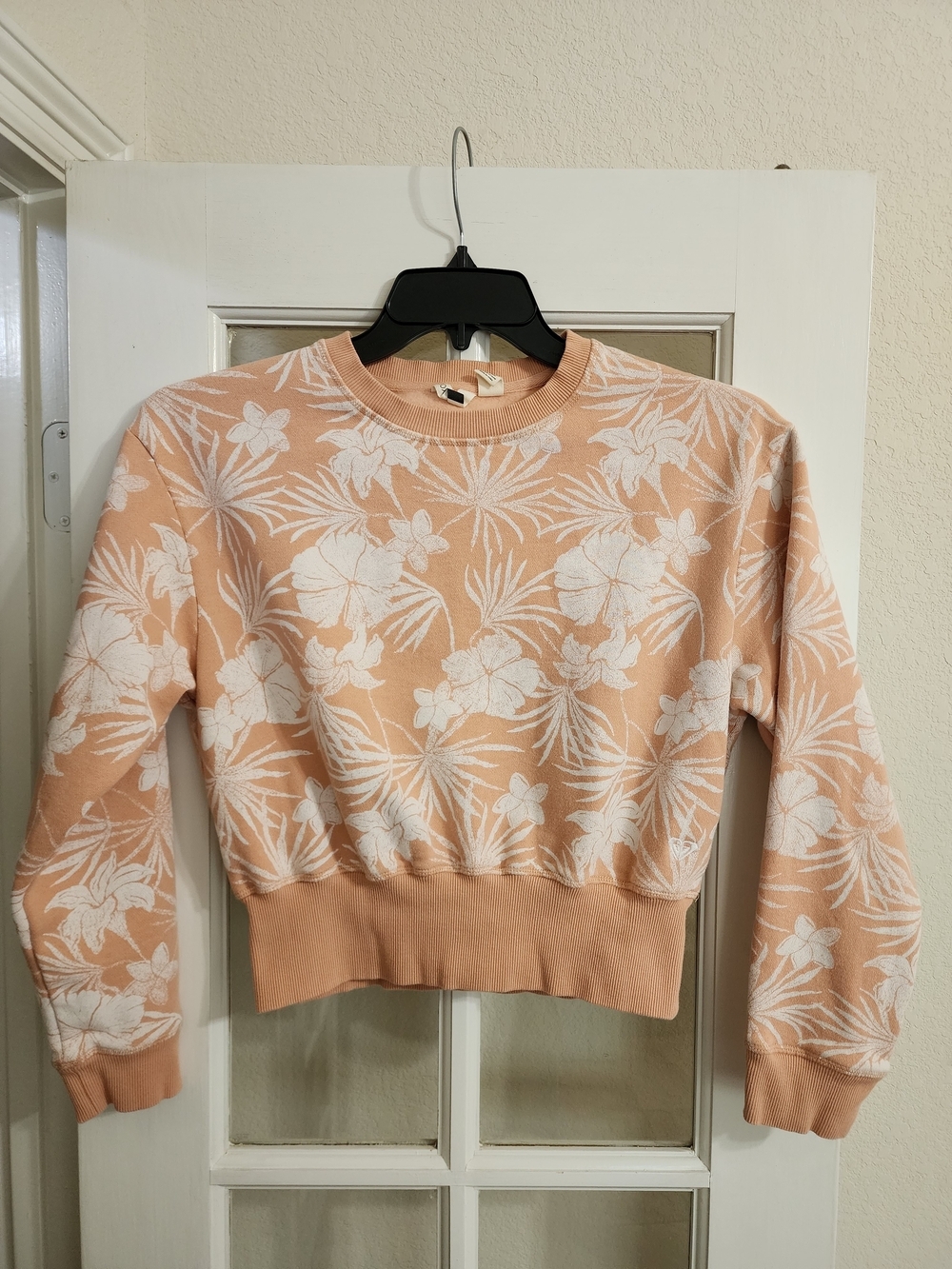 Roxy Tropical Floral Cropped Fleece Sweatshirt Peach White Small S